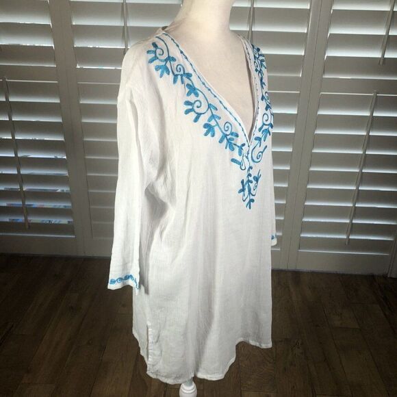 Just Bee White Beach Top Swim Cover L 100% Cotton Gauze 3/4 Sleeve Turquoise - Picture 2 of 12